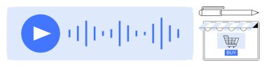 Oyun düğmesi, ses dalgaları, satın alma etiketli alışveriş arabası ve kalem ikonu ses teknolojisinin online alışverişe entegrasyonunu temsil etmektedir. Teknolojik yenilik, ecommerce, kullanıcı deneyimi için ideal