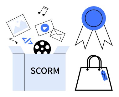 E- öğrenme içeriğini gösteren resimler, müzik, videolar ve kod simgeleriyle SCORM kutusu. Posta, kurdele ve yüzde etiketli alışveriş torbası. Eğitim için ideal, çevrimiçi öğrenim sertifikası e-ticaret