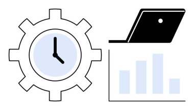 Ortasında bir saat olan bir vites, bir bar çizelgesi gösteren bir laptop. Üretkenlik, verimlilik, veri analizi, iş stratejisi, zaman yönetimi, iş akışı optimizasyonu için ideal. Soyut