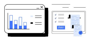 Bir ödeme düğmesi ve kontrol işaretleriyle birlikte dijital ödeme makbuzu arayüzü ile birlikte çubuk çizelgesi görüntüsü. Ecommerce, fintech, muhasebe, çevrimiçi ödemeler, mali yönetim, iş