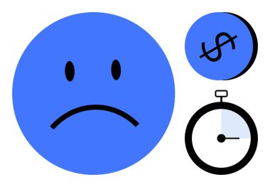 Mavi üzgün surat, çapraz dolar işareti, ve zamanlayıcı finansal stresi vurguluyor, kötü zaman yönetimi, son teslim tarihleri, mutsuzluk. Mali sorunlar, ekonomik kriz ve bütçe sorunları için ideal