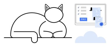 Kedi sakince dijital ekranın yanında duruyor. İşlem makbuzlarını, ödeme düğmelerini ve bulutları gösteriyor. Finans, çevrimiçi işlemler, dijital güvenlik, uzaktan çalışma, bulut hesaplama için ideal
