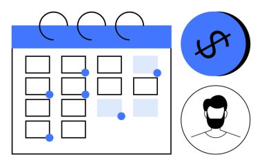 Vurgulanmış günleri, para birimi ögesini ve kişi simgesini içeren takvim. Zaman yönetimi, planlama, finansal planlama, kişisel organizasyon, son teslim tarihleri görev takibi için ideal. Minimalist