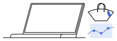 Laptop, etiketli el çantası ve mavi noktalı çizgi grafiği. Çevrimiçi alışveriş, e-ticaret, pazarlama analitiği, iş büyümesi, perakende trendleri moda endüstrisi tüketici verileri için idealdir. Soyut