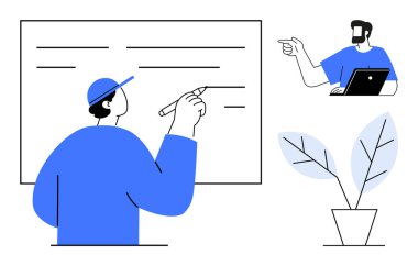 Takım üyesi, meslektaşı bilgisayarla uzaktan yakından ilgilenirken beyaz tahtada fikirler sunuyor. Saksıda bitki var. Uzak çalışma, işbirliği, eğitim, beyin fırtınası, dijital toplantılar, sunumlar için ideal