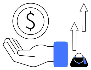 Dolar parası, yükselen oklar ve el çantası mali büyüme, ekonomik yükselme, alışveriş eğilimleri, yatırım, zenginlik yönetimi ve piyasa refahını temsil ediyor. Finans için ideal