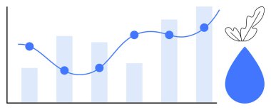 Mavi çizgi ve çubuk grafikleri verilerde yükselme eğilimini gösteriyor. Yapraklı su damlası sürdürülebilirliği simgeler. İş büyümesi, çevre dostu girişimler ve istatistiksel analiz için ideal