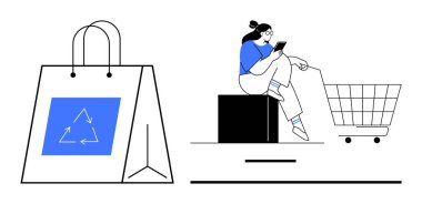 Atkuyruklu bir kadın akıllı telefon kullanıyor, alışveriş arabası ve kara kutunun yanında oturuyor, geri dönüşüm logosuna sahip çevre dostu bir alışveriş çantası. E-ticaret, sürdürülebilirlik, online alışveriş, çevre dostu