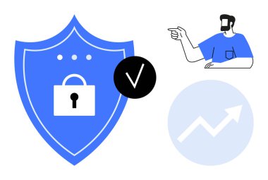 Asma kilit ve işaretli kalkan, el kol hareketi, yukarı ok, mavi tonlar. Güvenlik, koruma, onay, iş büyütme teknolojisi veri gizlilik kavramları için idealdir. Soyut çizgi