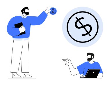 Para ve defter tutan bir iş adamı, iş arkadaşı dizüstü bilgisayarla çalışırken işaret ediyor. Finans, yatırım, takım çalışması, işbirliği, çevrimiçi iş, danışmanlık, modern ofis için ideal