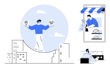 Ampul ve tokalaşma arasında denge kuran bir adam, başka bir online izleme mağazası, bilgisayar masasındaki kişi. Girişimcilik, yenilik, e-ticaret, teknoloji, iş stratejisi, dijital için ideal