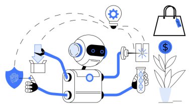 Alışveriş, parmak izi güvenliği, paket teslimatı, fikir üretimi, finansal işlemler ve bilimsel araştırmalar yapan robotlar. Teknoloji, yapay zeka, yenilik otomasyon güvenliği için ideal.