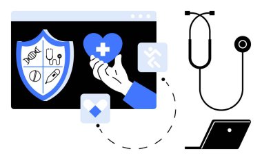 Kalbi uzatılmış, ekranda tıbbi ikonlar, steteskop, dizüstü bilgisayar. Teletıp, sağlık uygulamaları, çevrimiçi sağlık hizmetleri, e-sağlık, sanal doktor dijital sağlık çözümlerini ziyaret etmek için ideal