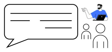 Profesyonel iş adamı dizüstü bilgisayarı tutuyor, işaret ediyor ve iletişim kuruyor. Dinleyen iki basit figür simgesi. Sunumlar, dersler, tartışmalar, seminerler, atölyeler, beyin fırtınası için ideal
