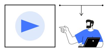 Mavi gömlekli adam ekrandaki çalma butonunu gösteriyor, etkileşimli ya da multimedya içeriğini gösteriyor. Çevrimiçi öğrenme, sunumlar, dersler, video içeriği oluşturma, medya bağlantısı için ideal