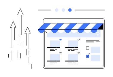 İnternet üzerinden alışveriş büyümesini temsil eden yukarı doğru eğik oklarla bir tarayıcı penceresinde dijital mağaza önü. E-ticaret, çevrimiçi alışveriş, dijital pazarlama, iş büyümesi, web tasarımı, satış için ideal