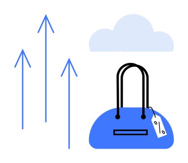 Üzerinde indirim etiketi olan mavi bir çanta, yukarı doğru üç ok ve bir bulut. E-ticaret büyümesi, perakende, alışveriş analizleri, bulut hesaplama, satış stratejisi, pazarlama eğilimleri iş tahminleri için ideal