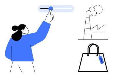 Sürgülü kontrolleri ayarlayan kişi, duman çıkaran fabrika, etiketli alışveriş torbası. Sürdürülebilirlik, tüketici tercihleri, çevresel etki, üretim, kirlilik kontrolü, iklim değişikliği için ideal