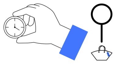 Küçük saat, büyüteç ve zaman yönetimi, arama ve alışverişi temsil eden etiketli el çantası. İş, organizasyon, verimlilik ve verimlilik için ideal