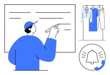 Tahtaya yazı yazan bir adam, asılı kıyafetleri olan bir gardırop, telefon tebligatı ikonu. Eğitim, organizasyon, verimlilik, hatırlatma, perakende planlama kişisel yönetim için idealdir. Satır metaforu