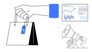 İndirim etiketli el çantası, çizelgeli analiz tahtası ve megafon. E-ticaret, pazarlama, satış stratejileri, promosyonlar, perakende analizleri, iş büyümesi ve müşteri büyümesi için ideal