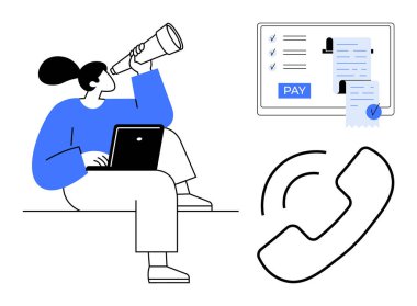 Woman with laptop looking through telescope, screen displaying online payment checklist, and telephone icon. Ideal for remote work, financial management, communication strategies, online clipart