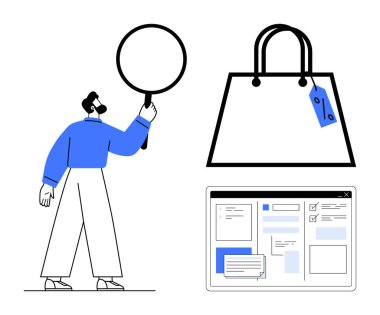 Büyüteçle araştırma yapan bir adam, fiyat etiketli büyük bir alışveriş çantası ve internet sayfası arayüzü. Araştırma alışverişi için ideal, çevrimiçi perakende, e-ticaret, tüketici araştırması, ürün