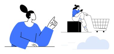 Nişanlı çizgi film karakteri, alışveriş arabasının yanında rastgele oturan biri. Çevrimiçi alışveriş, tüketici davranışı, e-ticaret, dijital etkileşim, günlük mesajlaşma için ideal