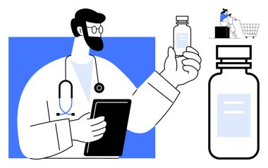Doktor boynunda steteskop olan bir aşı şişesi ve tableti tutuyor. İlave elementler büyük aşı şişesi, küçük sandalye ve masa sahnesi. Sağlık, aşı ve tıbbi danışmanlık için ideal