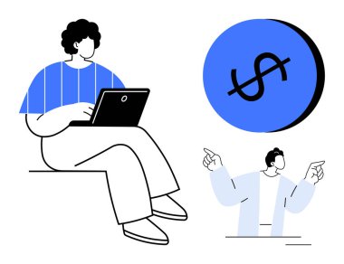 Bilgisayarda çalışan biri, işaret eden bir rakam, büyük bir dolar işareti. Uzaktan çalışma, finansal tavsiye, istişare, dijital pazarlama, çevrimiçi işletmeler için ideal ekonomik büyüme. Soyut çizgi