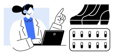 Kulaklık takmış bir müşteri destek ajanı dizüstü bilgisayarı, yukarı işaret eden parmakları, ayakkabıları ve hapları kullanıyor. Ecommerce, müşteri hizmetleri, çevrimiçi alışveriş, yardım, sağlık hizmetleri teknik desteği için ideal