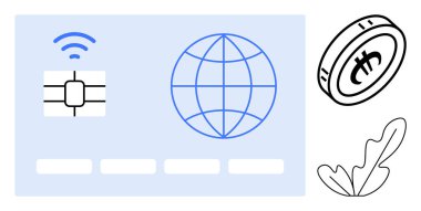 Çip, kablosuz sinyal, küresel işlemleri temsil eden küre, dijital para birimi ve soyut yaprak sembollü temassız kart. Finans, teknoloji, küreselleşme ve yenilik için ideal