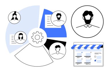 İş ekibi üyeleri birbirine bağlı profiller, belgeler ve bir proje arayüzü üzerinden iletişim kuruyor. Takım çalışması, proje yönetimi, çevrimiçi işbirliği, organizasyonel yapı için ideal