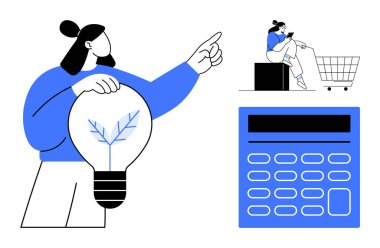 İçinde yaprak olan ampulü tutan kadın öne bakıyor. Alışveriş arabasının içindeki dizüstü bilgisayarda bir adam. Yakınlarda büyük bir hesap makinesi var. Sürdürülebilirlik, e-ticaret, yenilik ve teknoloji için ideal