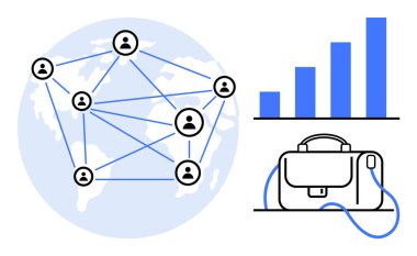 Dünya haritası boyunca birbirine bağlı insanlar ağı, güç kablosu olan iş çantası ve büyümeyi gösteren bar çizelgesi. Küresel iş, bağlantı, ağ, iletişim, teknoloji için ideal