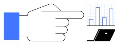 Laptop ekranında gösterilen çubuk grafiği gösteren büyük bir el. İş sunumları, veri analizi, karar verme, teknoloji dersleri, verimlilik tavsiyeleri, hedef değerlendirmesi ve ilerleme için ideal