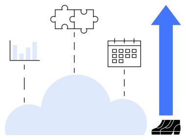 Bulut çubuk grafiğini, bulmaca parçalarını, takvimi ve yukarı doğru oku birbirine bağlar. Dijital çalışma, takım çalışması, üretkenlik, büyüme entegrasyonunun stratejik planlaması için idealdir. Soyut çizgi düz metafor