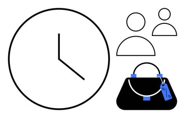 Zamanı gösteren bir saat, iki basit insan simgesi ve fiyat etiketli bir çanta. Temalar için ideal zaman yönetimi, alışveriş, müşteri nüfusu, perakende satış, teslim tarihleri, organizasyon