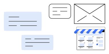 E- posta ve konuşma baloncukları bir çevrimiçi mağaza arayüzü ile eşleştirilmiş mesajlaşmayı temsil ediyor. Dijital iletişim, e-ticaret, çevrimiçi pazarlama, müşteri etkileşimi, web geliştirme konuları için ideal