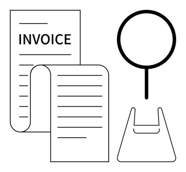 Fatura ve makbuz bir büyüteç ve bir alışveriş çantasının yanında. Finans, perakende, alışveriş, belge doğrulama, ödeme süreçleri, iş denetimleri, dijital makbuzlar için ideal. Basit satır düzlüğü