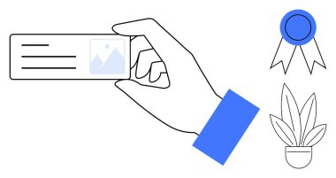 Yanında ödül kurdelesi ve saksı bitkisi olan bir resim ve metin içeren bir kimlik kartı. Kimlik doğrulama, başarı, ofis dekorasyonu, mesleki geçmiş için ideal
