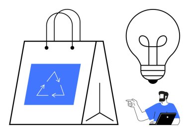 Alışveriş çantasındaki geri dönüşüm sembolü, yeniliği sembolize eden ampul, dizüstü bilgisayarla işaret eden kişi. Sürdürülebilirlik, çevre dostu, yenilik, fikir üretimi, e-ticaret, yeşil alışveriş için ideal