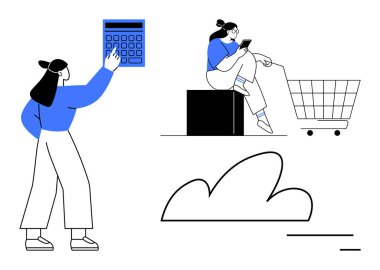 İki kadın cep telefonu kullanıyor, biri hesap makinesi tutuyor, diğeri de alışveriş arabasının yanında, biçimlendirilmiş bulut. E-ticaret, bütçe, teknoloji kullanımı, çevrimiçi alışveriş, modern yaşam tarzı dijital için ideal