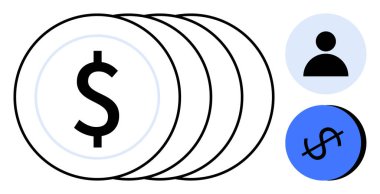 Dolar işaretli para yığını, kullanıcı simgesi ve mavi para birimi simgesi. Finansal hizmetler, yatırım, bankacılık, işletme büyümesi, ekonomik stratejiler, para kazanma, kar analizi için idealdir
