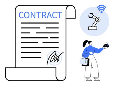 Robot otomasyonlu dijital sözleşme, evrak çantası ve evrak tutan iş kadını. Teknoloji, iş anlaşmaları, dijital dönüşüm, otomasyon, e-imza, yenilik, uzaktan kumanda