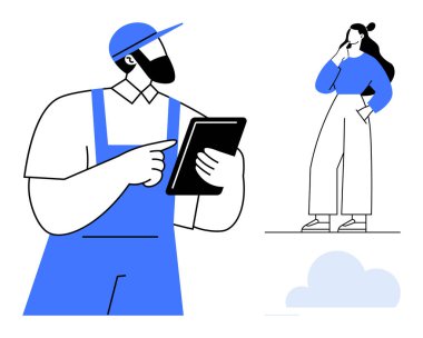 İş yerindeki bir adam ekranı işaret ederken elinde tablet tutarak tefekkür eden bir kadına danışıyor. Dijital araçlar, takım çalışması, üretkenlik, modern işgücü, iletişim konuları için ideal