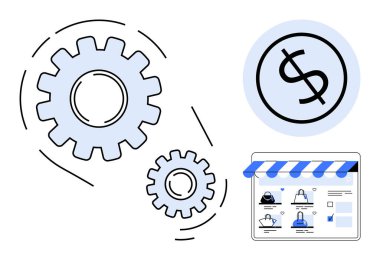 Bir dolar işaretinin yanında hareket eden iki vites ve ürün ve alışveriş simgeleriyle çevrimiçi bir mağaza arayüzü. E-ticaret, mali işlemler, iş stratejisi, dijital pazarlama, çevrimiçi için ideal
