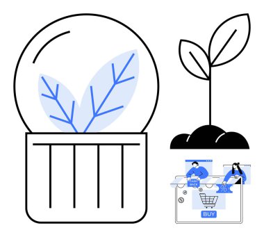 Bir tomurcuğu toprakta, diğeri de bir ampulün içinde büyüyen bitki. İnsanlar online alışveriş yapıyor. Sürdürülebilirlik, çevre dostu yaşam, e-ticaret, çevresel farkındalık, yenilik için ideal