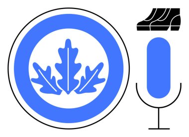 Three oak leaves in circular emblem, detailed shoe diagram, and blue microphone icon. Ideal for nature, footwear, podcasting, minimalism, symbolic representation, communication abstract line flat clipart