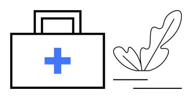 İlk yardım çantasında çizilmiş bir yaprağın yanında mavi bir haç var. Sağlık, sağlık, doğa, tıbbi bakım, acil durum hazırlığı, sürdürülebilirlik ve bütünsel refah için idealdir. Minimalist çizgi çizimi